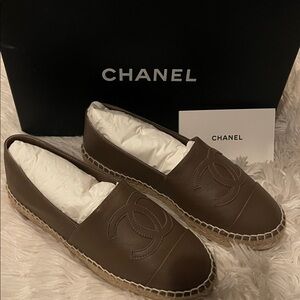 CHANEL Dark Brown Leather Espadrilles